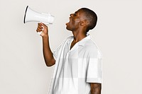 Shirt png mockup, man with megaphone, transparent design