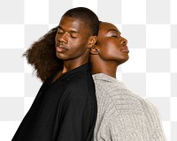 Black couple png, leaning on each other, transparent background