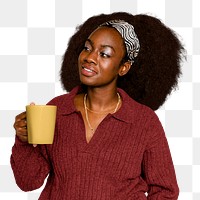 Png woman drinking coffee, transparent background