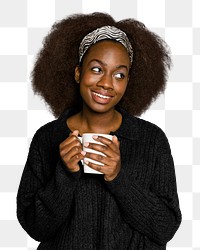 Png woman drinking coffee, transparent background