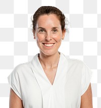 Smiling mature woman png mockup in a white shirt