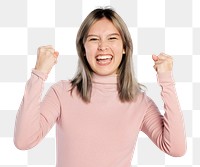 Happy woman png mockup in a pink turtleneck