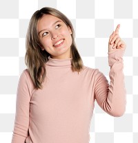 Happy woman png mockup in a pink turtleneck