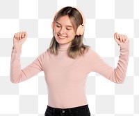 Woman png mockup listening to music from headphones