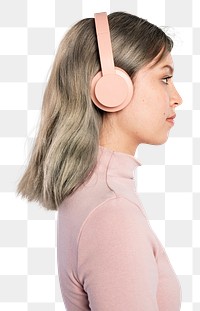 Woman png mockup listening to music from headphones