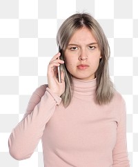 Annoyed woman png mockup on a call