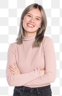 Happy woman png mockup in a pink turtleneck