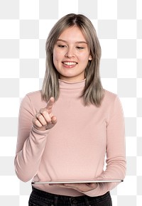 Woman png mockup presenting invisible hologram projecting from tablet advanced technology