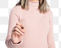 Woman gesture png mockup using a pen and writing on an invisible screen