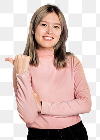 Happy woman png mockup in a pink turtleneck