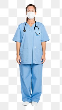 Female doctor png mockup in a blue gown full body