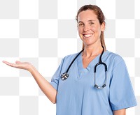 Female doctor png mockup showing a support hand gesture