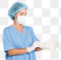 Female surgeon png mockup wearing medical gloves