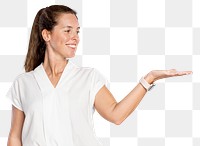 Female presenter png mockup showing her palm