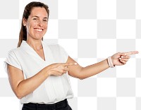 Female presenter png mockup pointing finger to the right hand side