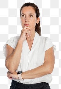 Thoughtful woman png mockup touching her chin