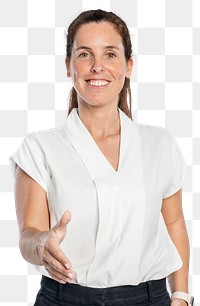 Happy woman png mockup greeting with a handshake