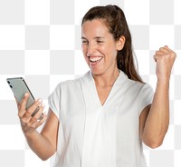 Happy woman png mockup using a dating app on her phone