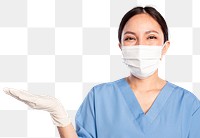 Female doctor png mockup with a presenting hand gesture