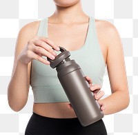Active woman png mockup holding a stainless steel water bottle