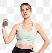 Active woman png mockup holding a dumbbell