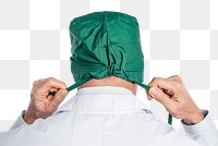 Male surgeon png mockup wearing a green surgical cap