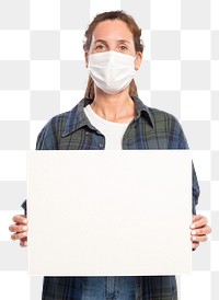 Sign board png mockup with a woman wearing a face mask