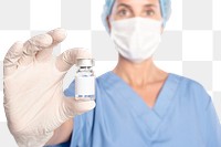 Female doctor png mockup holding a vaccine bottle