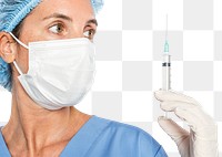 Female doctor png mockup holding a syringe