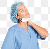 Tired female surgeon png mockup in a blue gown