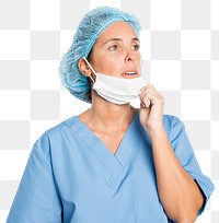 Tired female surgeon png mockup in a blue gown