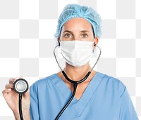 Female doctor png mockup using a stethoscope portrait