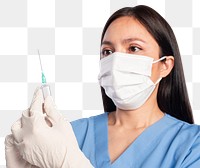 Female doctor png mockup holding a syringe