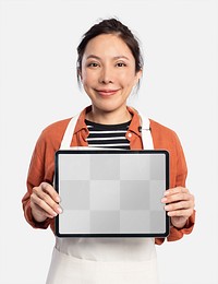 Woman holding blank tablet png