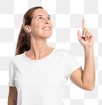 Female presenter png mockup pointing finger up in the air