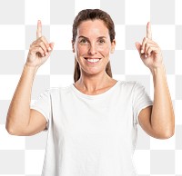 Female presenter png mockup pointing finger up in the air