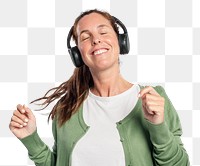 Woman png mockup listening to music from headphones