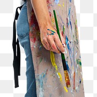 Female artist png mockup holding a paintbrush