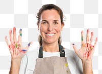 Female artist png mockup in an apron with messy hands