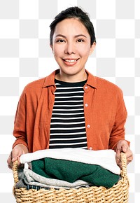 Cheerful Asian woman png mockup holding laundry basket