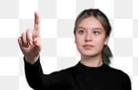 Woman gesture png mockup pointing on an invisible screen