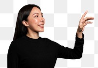 Woman gesture png mockup pressing  on an invisible screen