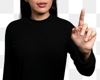 Woman gesture png mockup pressing  on an invisible screen