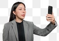 Businesswoman scanning her face to unlock phone security technology