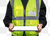 Male engineer png mockup holding on tablet