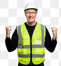 Cheerful male engineer png mockup in a reflective vest and a hard hat