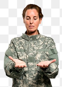 Female soldier gesture png mockup presenting invisible object