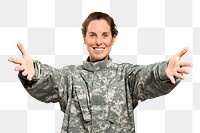 Female soldier png mockup reaching out her arms