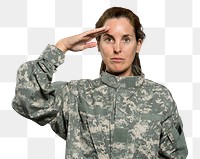 Female soldier png mockup making a salute gesture