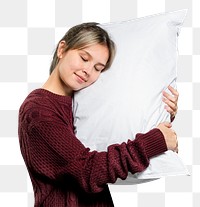 Woman png mockup hugging a pillow